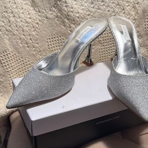 Nine West Silver Glitter Pointed Mules